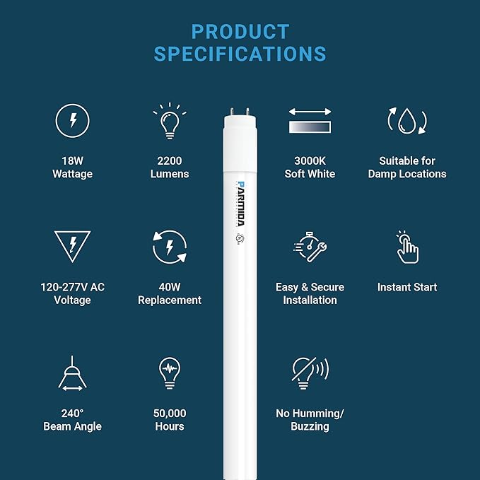 PARMIDA 20-Pack 4FT LED T8 Hybrid Type A+B Light Tube, 18W, Plug & Play or Ballast Bypass, Single-Ended OR Double-Ended Connection, 2200lm, Frosted Cover, T8 T10 T12, UL - 3000K