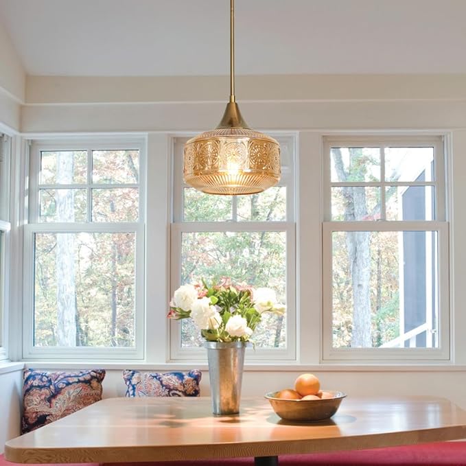 Retro Gold Pendant Lights Kitchen Island Lighting Fixture, Glass Pendant Light Large Brass with Large Thickened Amber Glass Shade, Classic Globe Pendant Light. Adjustable Hanging Light for Home Decor