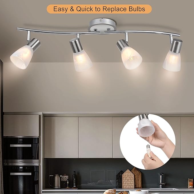 HiBay LED Track Lighting Fixtures, Rotatable 4-Light Ceiling Spot Light, Modern Spotlight with Glass Shade for Living Room Kitchen Dining Room, E12 Base (Bulbs Not Included)