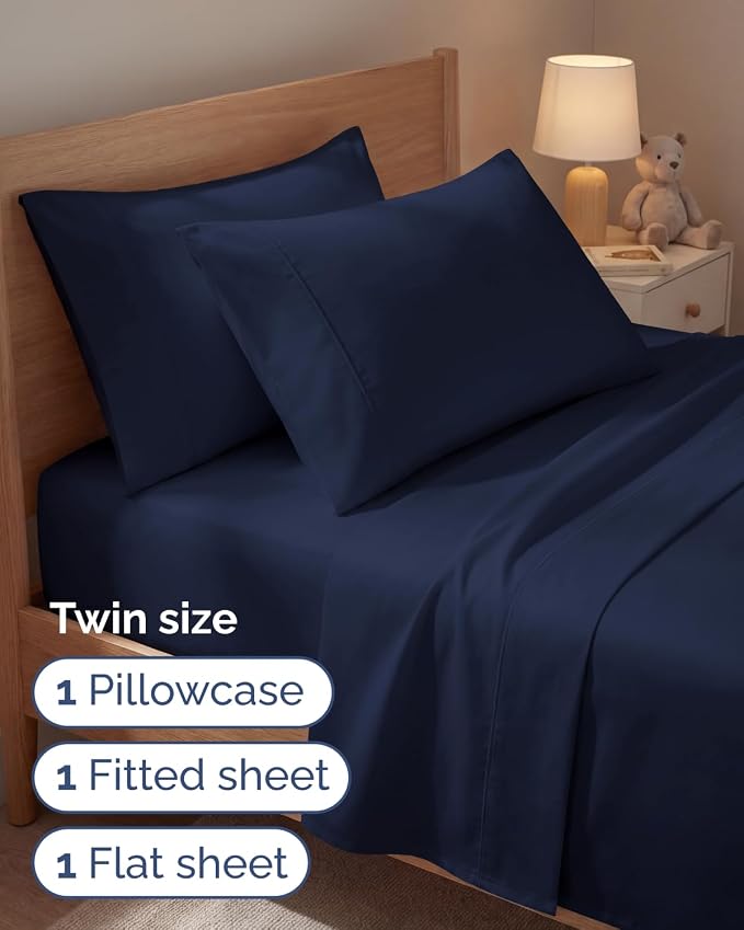 Twin 4 Piece Sheet Set - Comfy Breathable & Cooling - Ultra-Soft Hotel Luxury Bedding Set with 8-16 Inch Deep Pockets - 1 Flat & 1 Fitted Sheet & 2 Pillowcases - Wrinkle Free & Easy Care - Navy Blue
