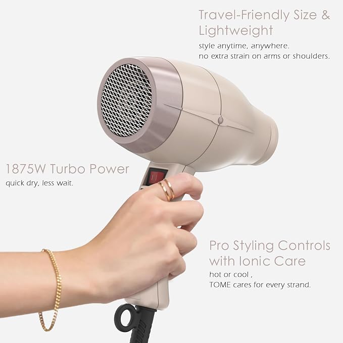 TOME Hair Dryer with Diffuser, 1875W Ionic Blow Dryer with Comb Attachment and Concentrator for Home Use, Fast Drying with Cool Shot and 2 Heat & 2 Speed Settings, 125V, Pink