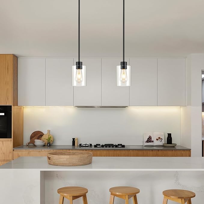 Modern Farmhouse Black Pendant Lights, Mini Hanging Light Fixture with Clear Glass Shade, Adjustable Rods for Kitchen Island, Sink, Bar (2 Pack)