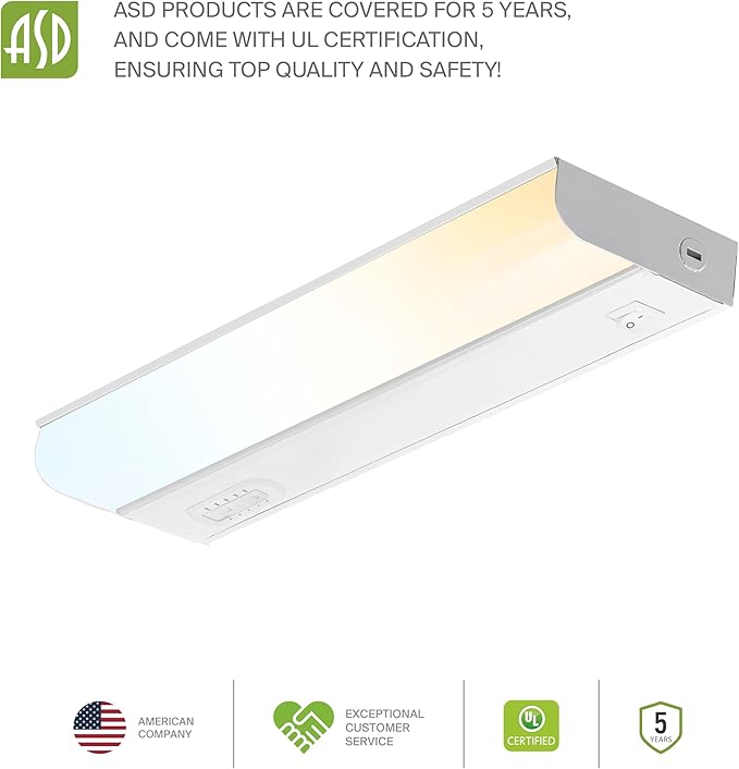 ASD LED Under Cabinet Lighting Hardwired, 12 Inch 5W 2700K-5000K Selectable, 442LM, CRI90+, Direct Wire Linkable Under Counter Lights for Kitchen, Dimmable Under Cabinet Lights, White, UL, 20 Pack