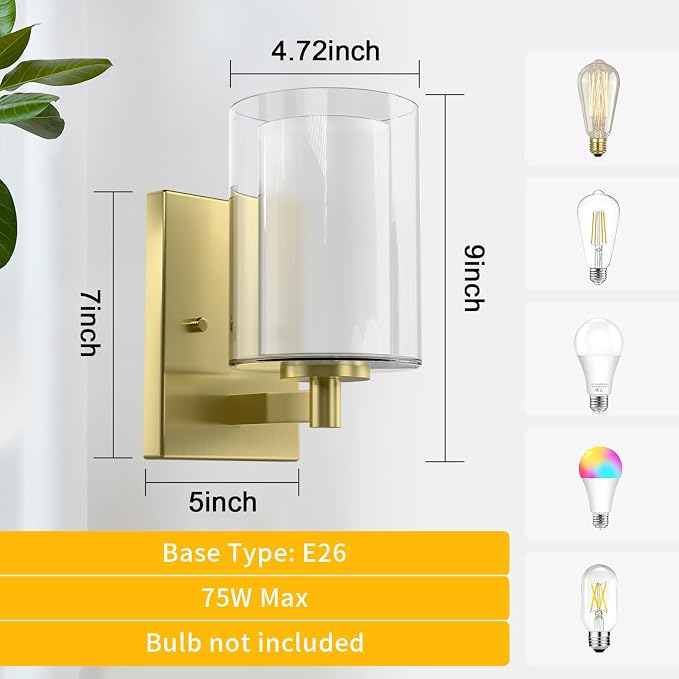 Kalium Wall Sconces Set of Two for Bathroom Bedroom Living Room Hallway Indoor Stairwell & Mirror, Farmhouse Modern Vanity Light Fixtures with Double Glass Shade & Gold Rustproof Metal Base, E26