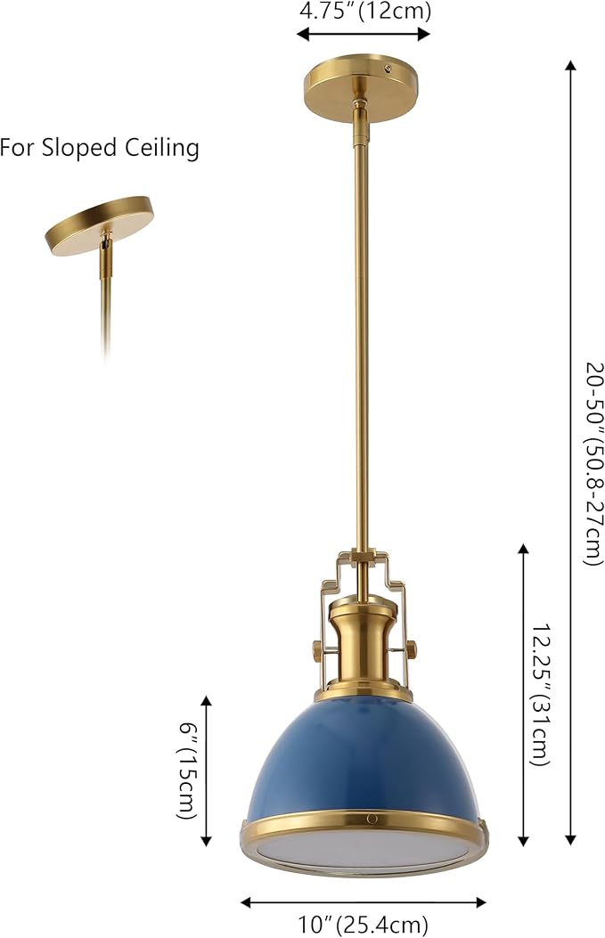 JONATHAN Y JYL9535G 10" Modern Industrial Dome Pendant Light, Farmhouse Hanging Light Fixture in Navy and Brass Gold, Adjustable Height Metal Lighting for Kitchen Island, Dining Room, Entryway