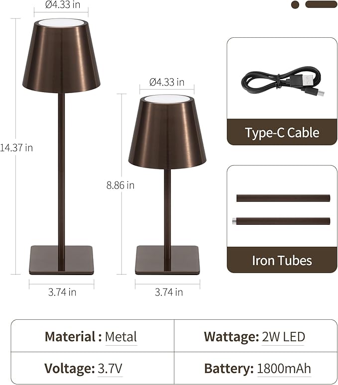 UME 3 Pack Cordless Table Lamp, Battery Operated Lamp - Portable Waterproof Rechargeable Table Lamp 3 Color Temps & Stepless Dimming for Dinner, Desk, Cafe, Outdoor (Brushed Bronze | Coffee Tonal)
