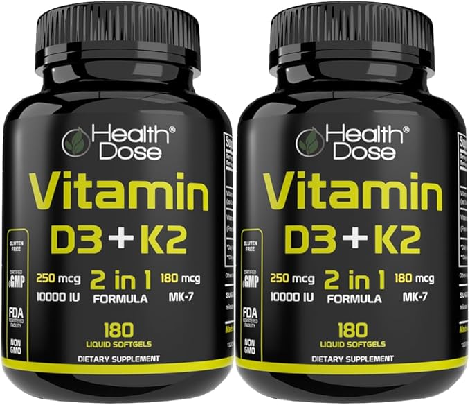Health Dose ビタミンD3 10,000 IU + K2（MK7）サプリメント、2-in-1処方、免疫サポート、健康的な気分、心臓、関節、歯、骨の健康、カルシウム吸収、180粒。（2）