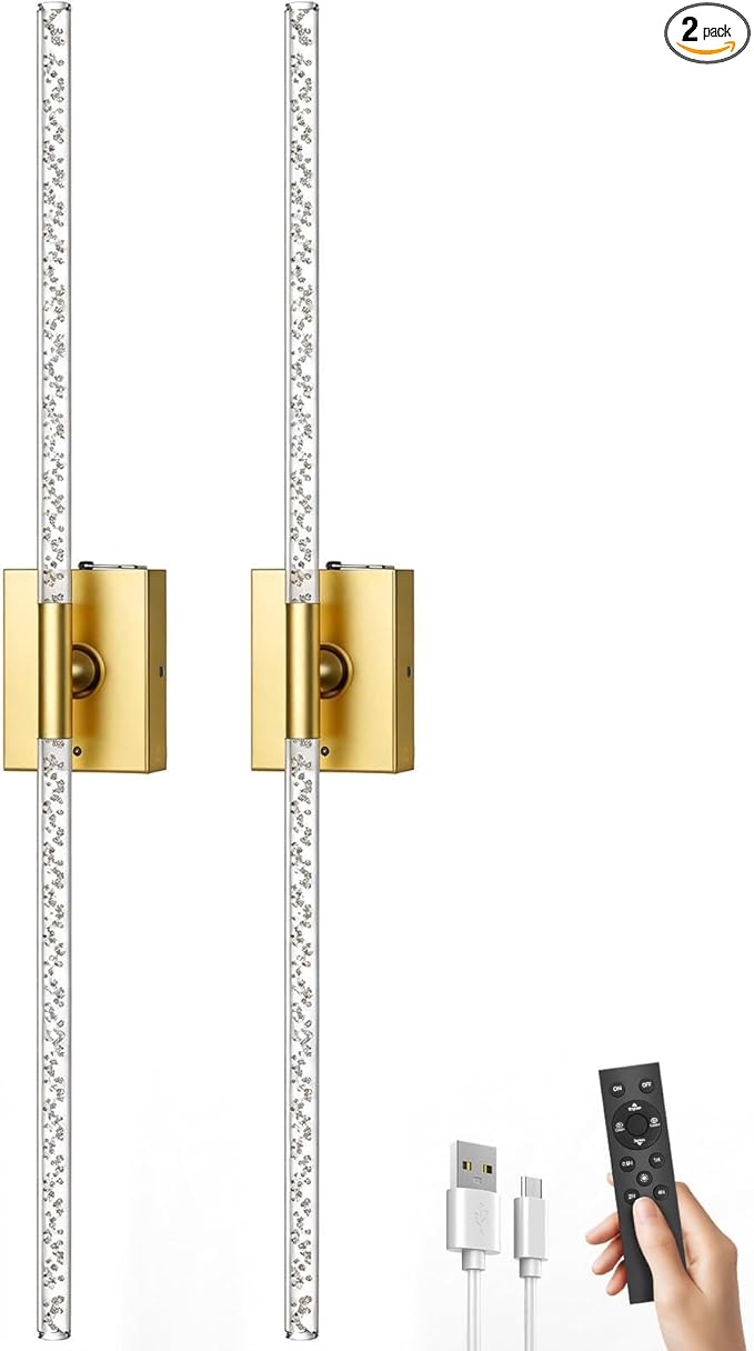 iThird Crystal Bubble Gold Wall Sconces Set of 2: 10000mAh Rechargeable Wireless Lights with Remote & 360° Rotate, 4 Color Temps Dimmable, 31" Lamp Decor for Bedroom Living Room Mirror