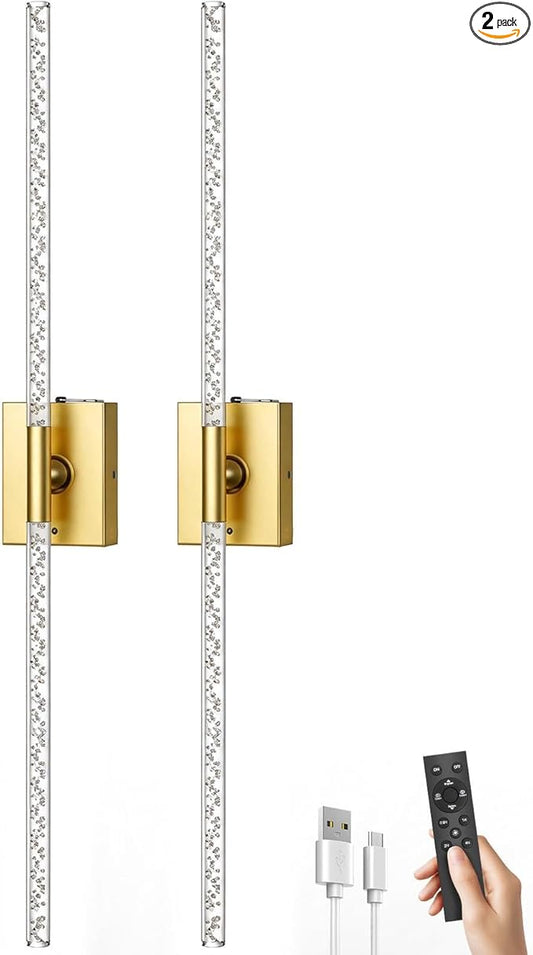 iThird Crystal Bubble Gold Wall Sconces Set of 2: 10000mAh Rechargeable Wireless Lights with Remote & 360° Rotate, 4 Color Temps Dimmable, 31" Lamp Decor for Bedroom Living Room Mirror