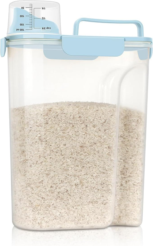 LEAWALK Airtight Rice Storage Container, Cereal Dry Food Flour and Sugar Bin, Dog Cat Food Dispenser with Measuring Cup, BPA Free Clear Plastic Kitchen (Sky blue, 5L-1pack)