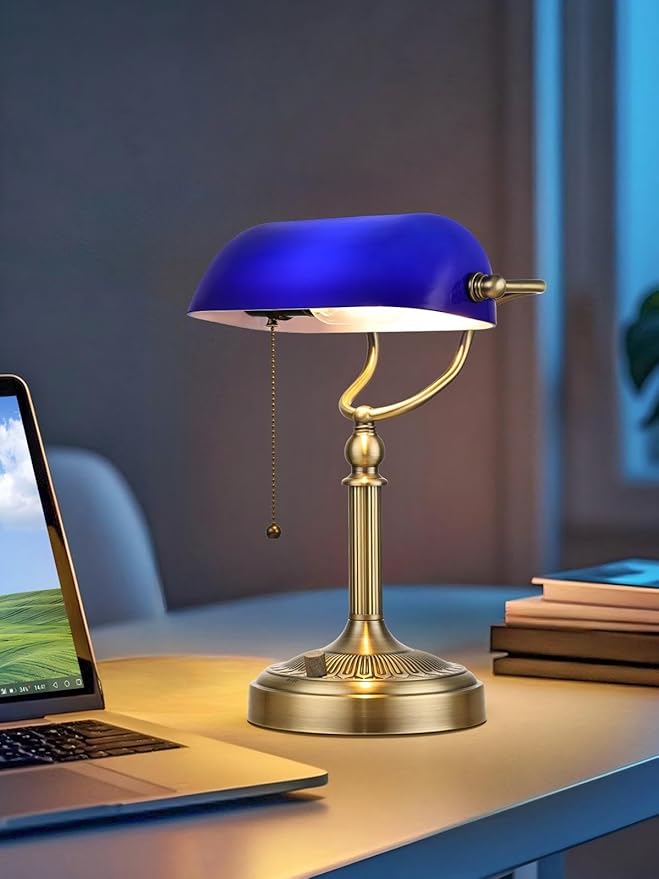 Blue Glass Bankers Desk Lamp, Stepless Dimmable Table Lamp Plug in Fixture for Study, Home Office, LED Bulb Included