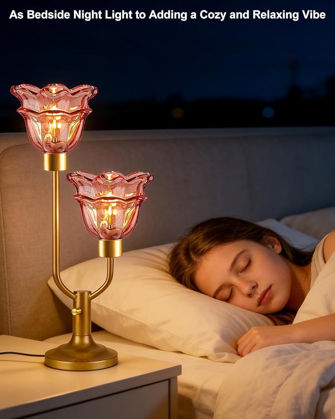 Lightdot Mid Century Modern Flower Table Lamp Dimmable Nightstand Lamp Red Glass Vintage Gold Desk Lamp 2 Bulbs Included Warmwhite Ambient Bedside Lamps for Living Room Bedroom Home Office Decor Gift