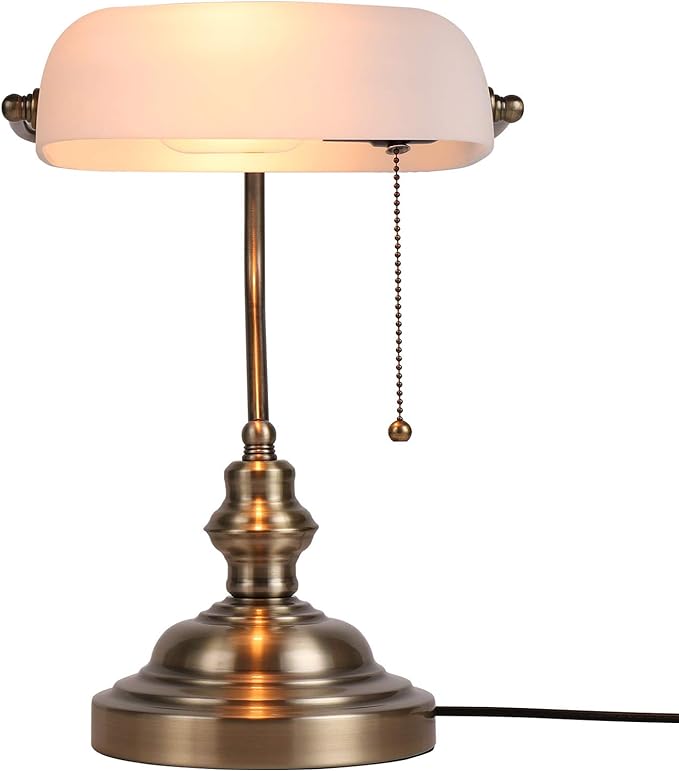 Glass Bankers Desk Lamp with Pull Chain Switch Plug in Fixture,Satin Brass Finish (White)