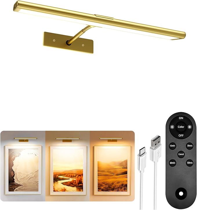 EZVALO Picture Light for Wall, 4800mAh Rechargeable Wireless Remote, 13'' Dimmable Magnetic LED Art Display Light with 3 Color Temperatures, for Gallery, Living Room, Bedroom, Hallway (Gold)