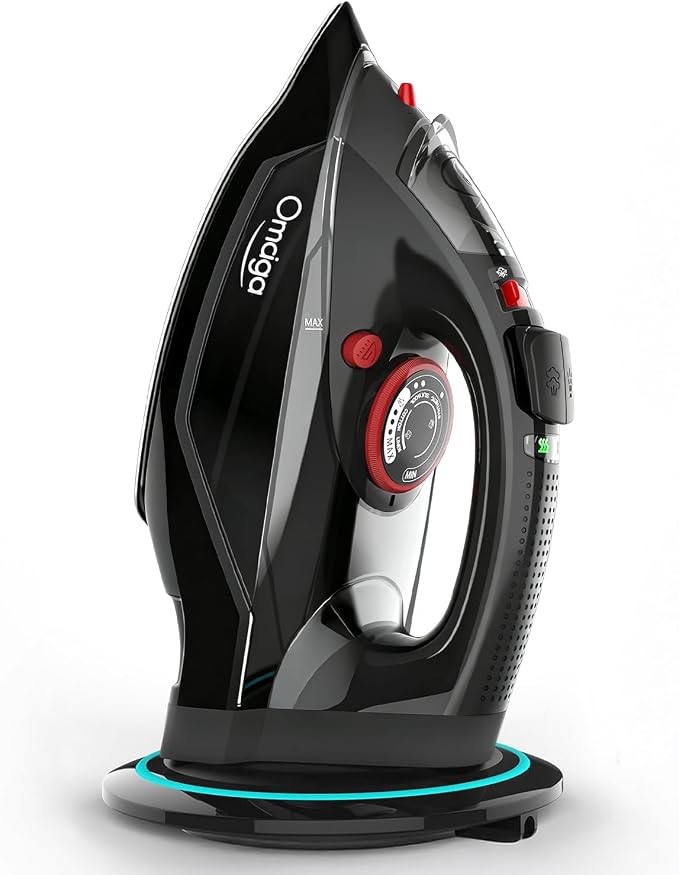 OMAIGA Cordless Iron for Clothes, 1500W Fast-Heating Steam Iron with Non-Stick Ceramic Soleplate,Burst of Steam for Clothes, Auto Shut Off, Self-Clean,3 Temperature Settings, 11.84oz Water Tank, Black