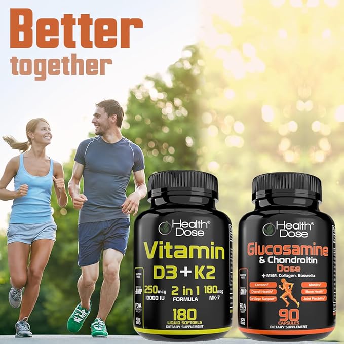 Health Dose Vitamine D3 10 000 UI + K2 (MK7) Supplément, Formule 2-en-1, Soutien Immunitaire, Humeur Saine, Santé Cardiaque, Articulaire, Dentaire, Osseuse, Absorption du Calcium, 180 gélules. (3)