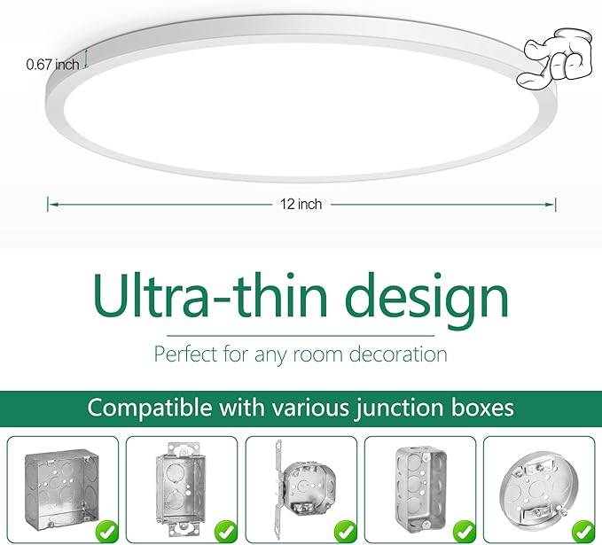 Brightever 12 Inch LED Flush Mount Ceiling Light, 24W 3200LM 5CCT Dimmable LED Ceiling Light Fixture, 2700K/3000K/4000K/5000K/6500K, Ultra Thin Ceiling Lamp for Bedroom, Dining Room, White, 2-Pack