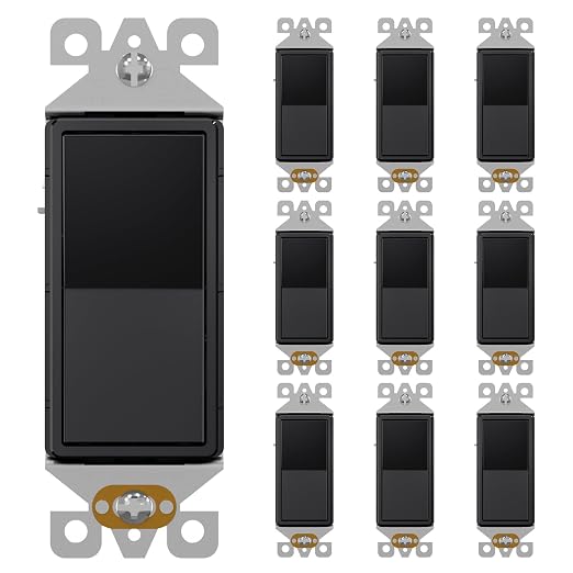 AIDA Single Pole Rocker Decorator Light Switch, 15 Amp Self-grounding Electrical Light Switches, Residential Grade, UL Listed (10 Pack, Glossy Black)