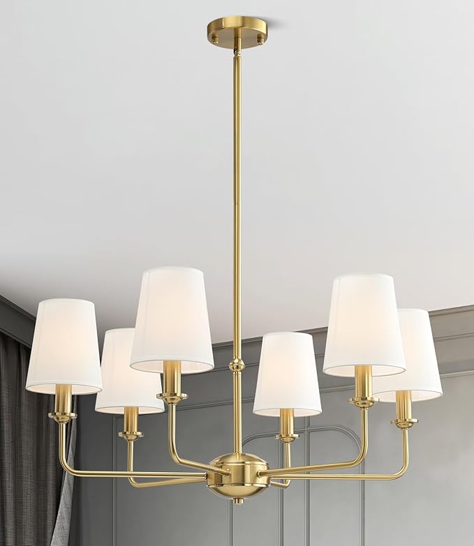 6-Light Brushed Gold Pendant Chandelier with Fabric Shades, E12 Base - Farmhouse & Industrial Style for Kitchen, Living Room, Dining Room, or Bedroom Lighting