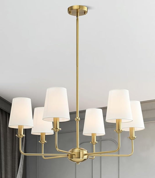6-Light Brushed Gold Pendant Chandelier with Fabric Shades, E12 Base - Farmhouse & Industrial Style for Kitchen, Living Room, Dining Room, or Bedroom Lighting