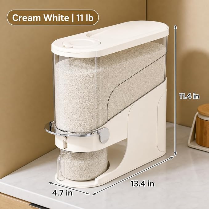 Rice Dispenser 11 Lb, Slim Rice Storage Container with Double Sealing Strip, Press to Dispense Cereal Container Airtight for Kitchen Pantry Organization, (Ivory White-11lb)