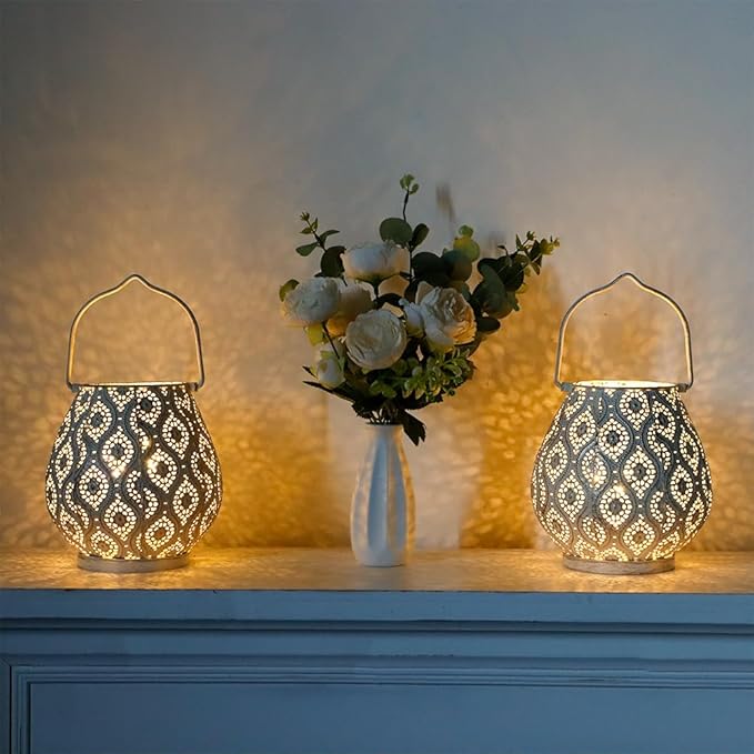 TRIROCKS Set of 12 Moroccan Decorative Lamps 8'' High Battery Powered Cordless Lamp Metal Table Lamps with Fairy Lights Bulb for Home Room Garden Yard Party Events Tabletop Indoor Outdoor(White)