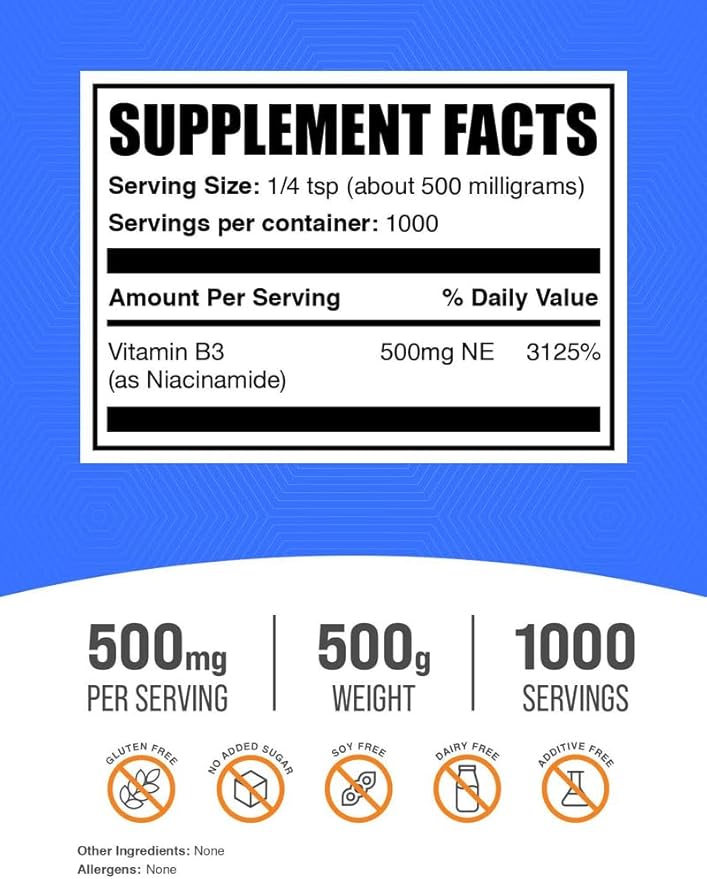 BulkSupplements.com ナイアシンアミドパウダー - ビタミンB3パウダー、ナイアシンアミドサプリメント、ナイアシンアミド500mg - 肌用B3ビタミン、グルテンフリー、1食分あたり500mg、500g (1.1ポンド) (1個パック)