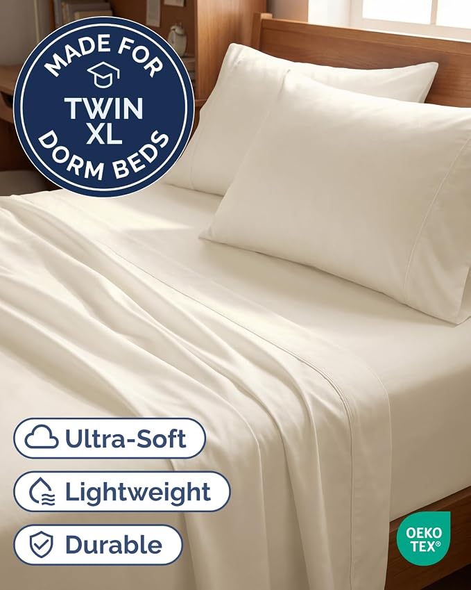 Twin XL 4 Piece Sheet Set - Comfy Breathable & Cooling - Ultra-Soft Hotel Luxury Bedding Set w/ 8-16 Inch Deep Pockets - 1 Flat & 1 Fitted Sheet & 2 Pillowcases - Wrinkle Free & Easy Care - Off White
