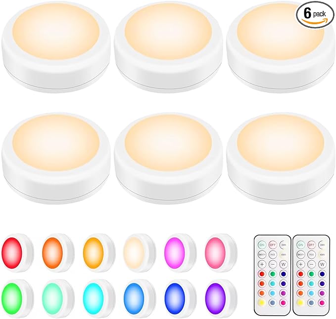 BLS LED Puck Lights with Remote Control, Wireless Under Cabinet & Closet Lighting, RGB 13 Color Changing Lights with Dimmer, Timer & AA Battery Operated, Push, Touch, Stick on for Night, White, 6 Pack