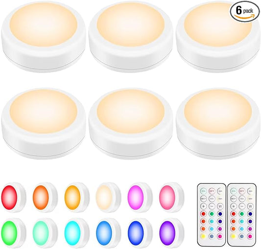 BLS LED Puck Lights with Remote Control, Wireless Under Cabinet & Closet Lighting, RGB 13 Color Changing Lights with Dimmer, Timer & AA Battery Operated, Push, Touch, Stick on for Night, White, 6 Pack