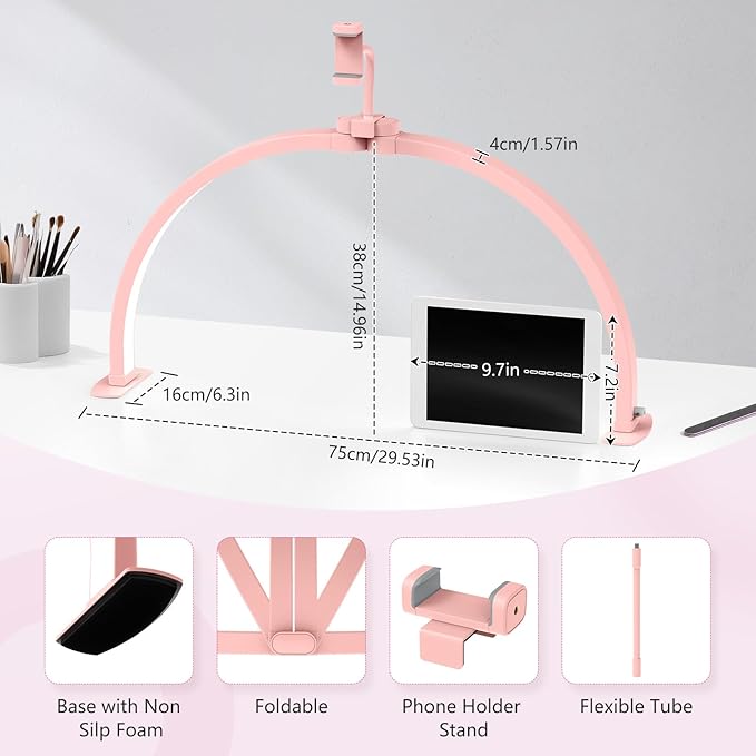 Yokilly Half Moon Light for Nail Desk: 29" Foldable Half Moon Nail Desk Lamp with Phone Holder for Beginner - Arch Tech Light with 3 Color Modes & 10 Brightness for Manicure Salon (Pink)
