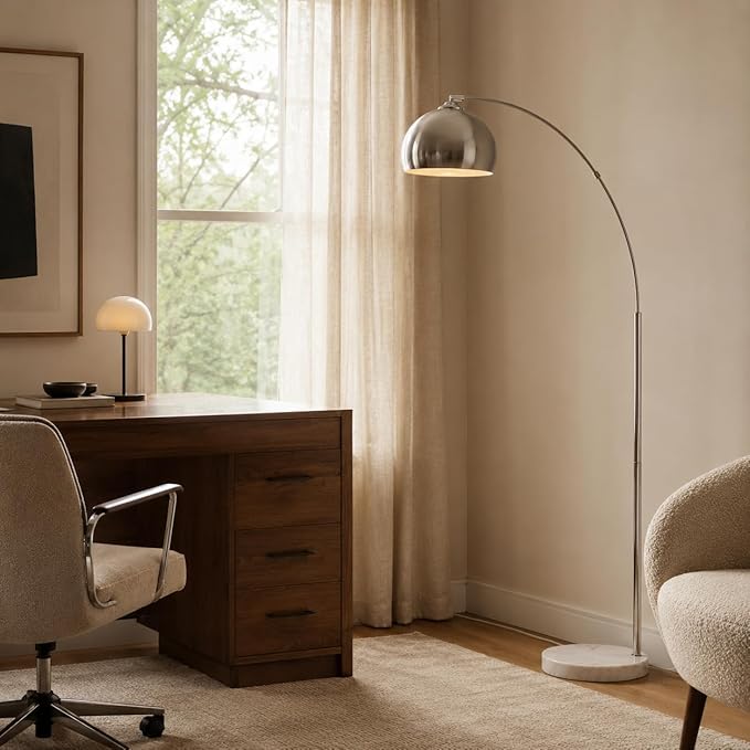 Teamson Home Arquer 68.1" Arc Floor Lamp for Living Rooms, Home Offices, Dining Rooms, Bedrooms with Faux White Marble Base and Nickel Bell Shade