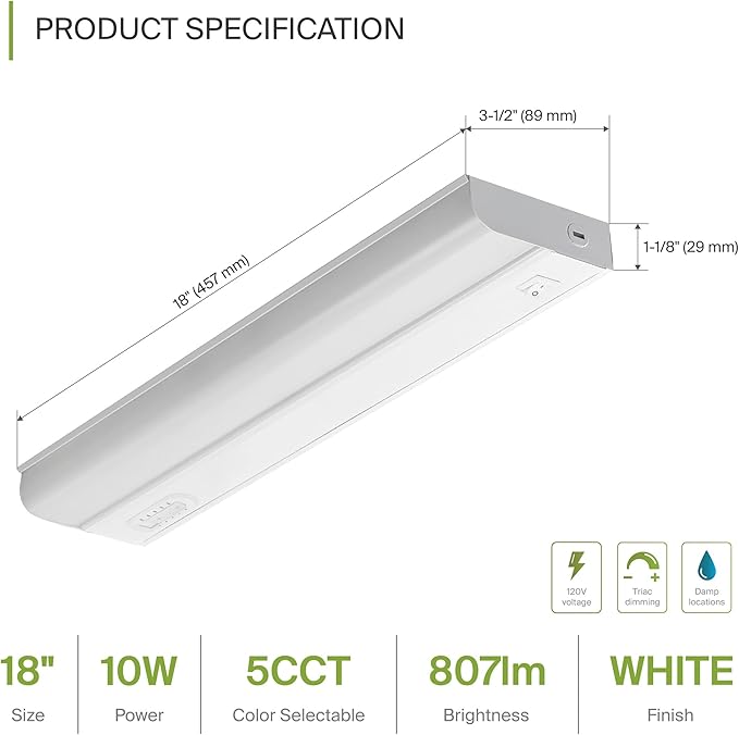 ASD LED Under Cabinet Lighting Hardwired, 18 Inch 10W 2700K-5000K Selectable, 807LM, CRI90+, Direct Wire Linkable Under Counter Lights for Kitchen, Dimmable Under Cabinet Lights, White, UL, 20 Pack