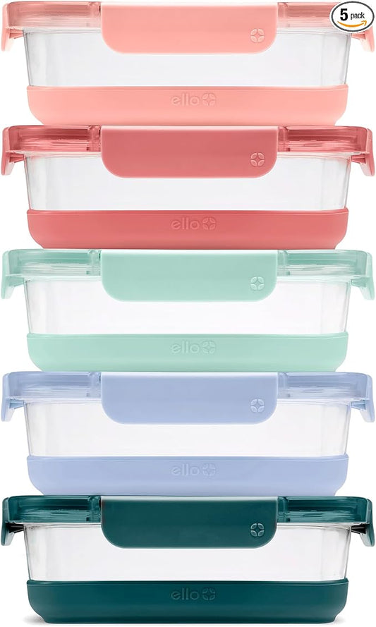 Ello Duraglass Refresh 3.4 Cup Meal Prep Sets 10Pc, 5 Pack Set- Glass Food Storage Container with Silicone Boot and Airtight BPA-Free Plastic Lids, Dishwasher, Microwave and Freezer Safe, Melon