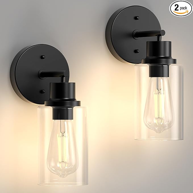 2-Pack Black Bathroom Wall Sconces, Modern Vanity Light Fixtures with Clear Glass Shade, 1-Light Wall Lamps Over Mirror for Bathroom, Bedroom, Hallway, Living Room