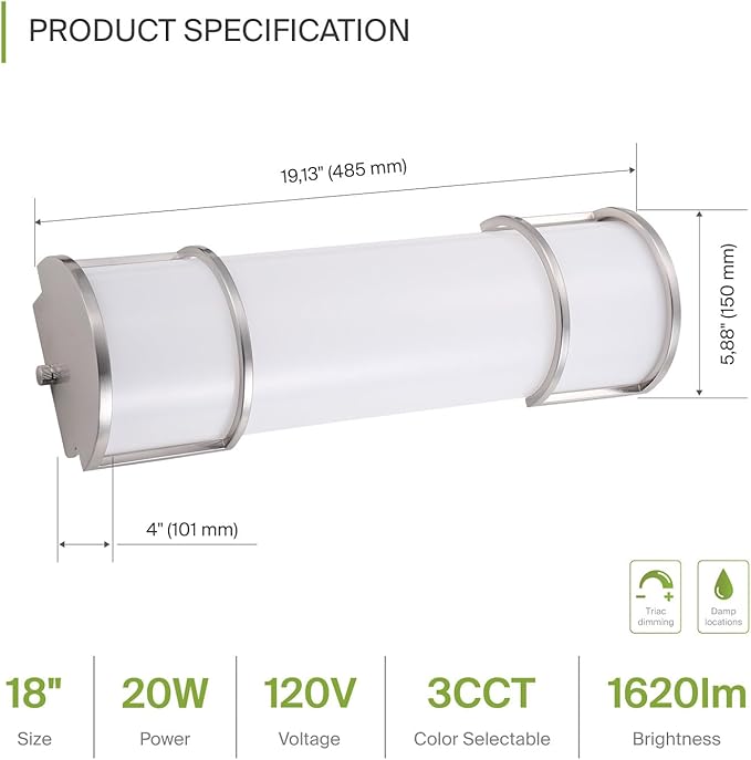 ASD LED 18" Vanity Flush Mount Light Fixture, Linear Bathroom Lighting Bar | 3CCT, Dimmable, Energy Star, ETL Listed | 20W 1650LM 3000-5000K 120V | Long Bath Wall Sconce Over Mirror | Nickel, 4 Pack