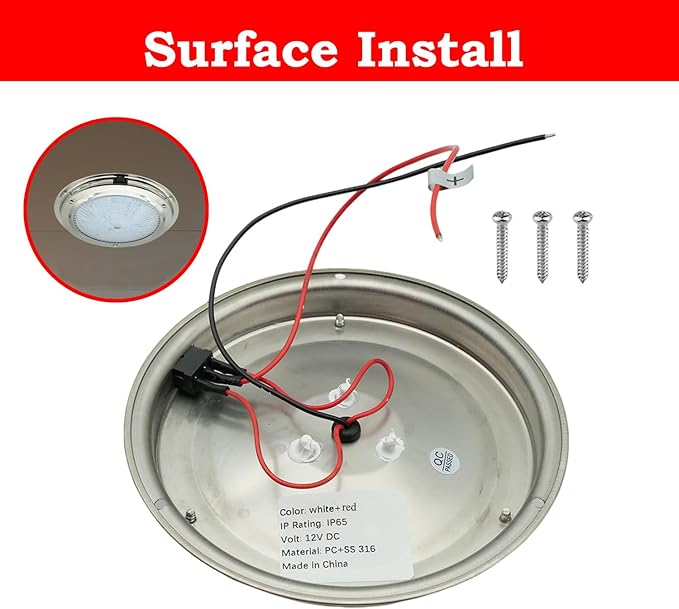 Marine Boat Dome Light, Dual Color 5.5" 12V LED Interior Cabin Lights with Toggle Switch, Stainless Steel Surface Mount (White|Red)