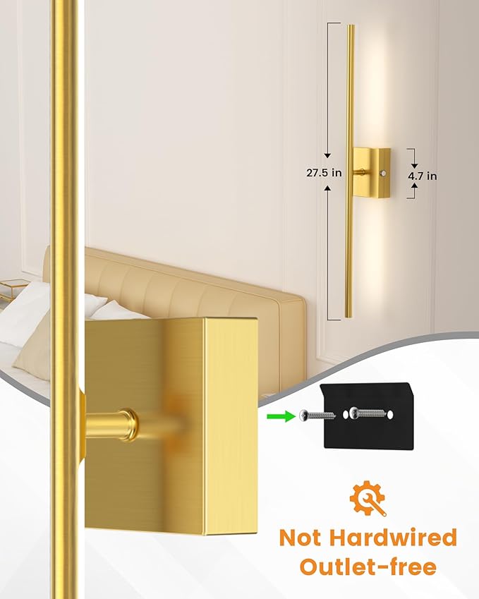 VOLISUN Battery Operated Wall Sconces Set of Two, Rechargeable Wall Sconces with Remote, 3000K-6500K Dimmable Battery Wall Sconce Decor, 27.6'' Wireless Wall Lights for Bedroom, Living Room(Gold)