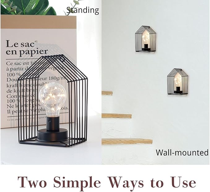 JHY DESIGN Set of 2 Battery Operated Wall Sconce 7''H Metal Wall Mount Lamp with 6-Hour Timer and Fairy Lights Bulb Table Lamp Wall Decor for Bedroom Living Room Hallway Stairway(House Shape)