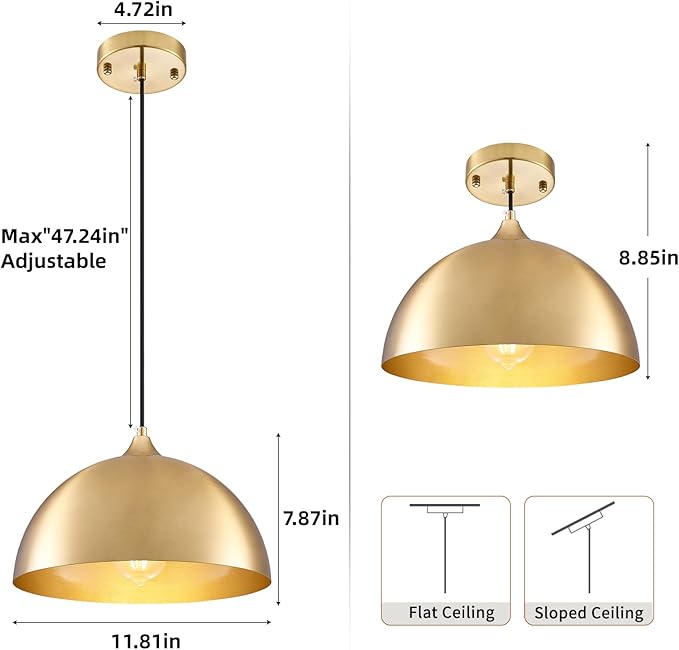 Gold-Electroplated Industrial Pendant Light 11.8inches 2 Packs,Mental Hanging Light Fixtures for Kitchen Island,Dome Pendant Light,Ceiling Light Fixtures for Restaurant Dining Room Aisle
