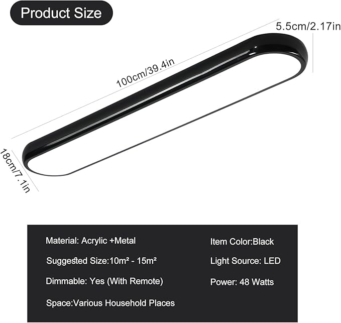 Qcyuui Modern LED Ceiling Light,Dimmable Semi Flush Mount Ceiling Light,39.4 in Long Ceiling Light Fixture,Kitchen Lighting Fixtures Ceiling for Office Bedroom Hallway(Black/48W/3000-6500K)