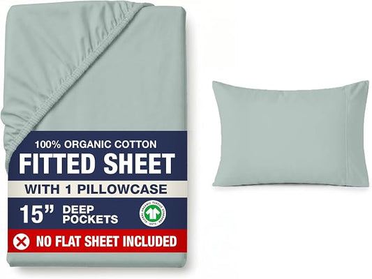 LANE LINEN Twin XL Fitted Sheet - 100% Organic Cotton 2 Pc Set (1 Fitted Sheet, 1 Pillowcase), Percale Weave, Lightweight, Soft, Breathable, Fits Mattress Upto 15" Deep - French Blue (No Flat Sheet)