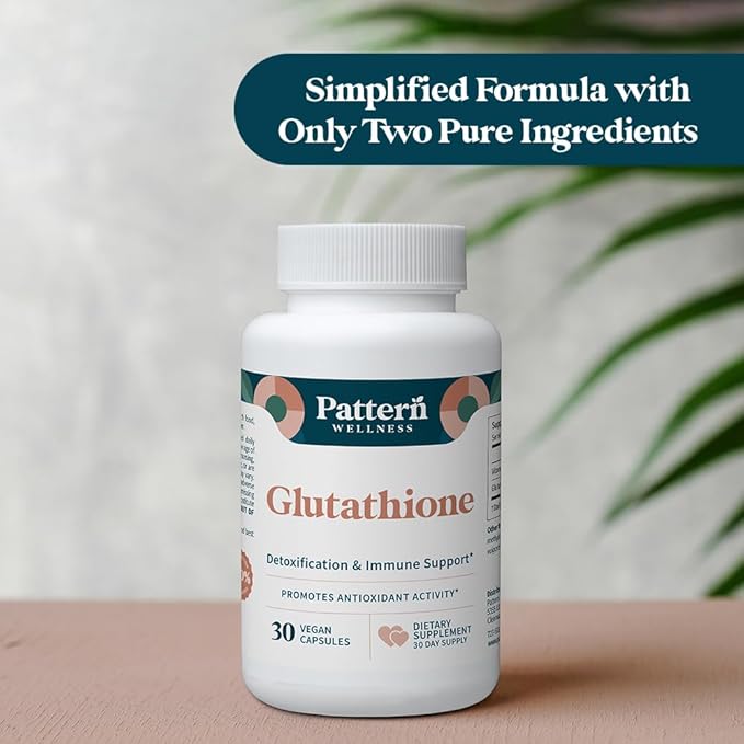Pattern Wellness Glutathione Supplement - Active Reduced Glutathione Formula with Added Vitamin C - Cell, Antioxidant, + Immune Health Support - 30 Vegan Capsules