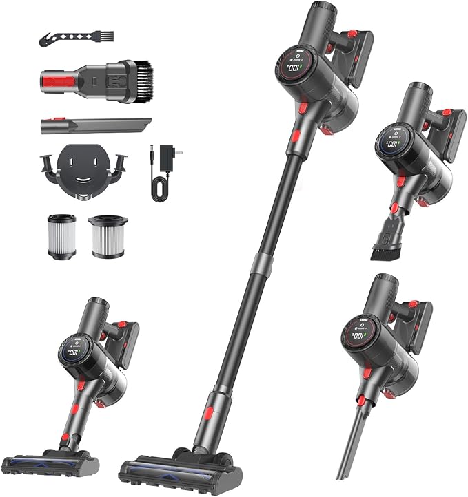 Cordless Vacuum Cleaner, 45KPA Powerful Stick Vacuum with LED Display Design, Tangle-Free Brush, Self-Standing, HEPA Filter, for Pet Hair, Carpet, Hardwood - Black