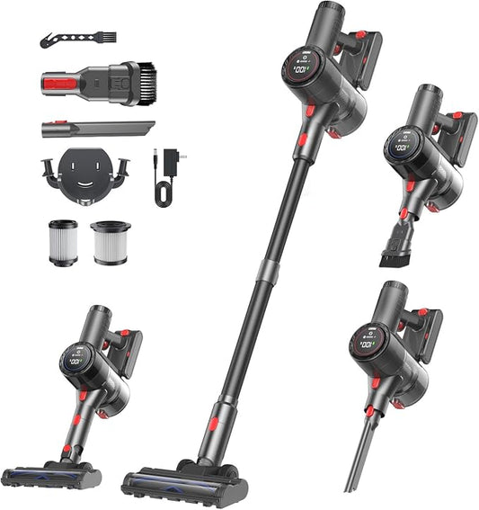 Cordless Vacuum Cleaner, 45KPA Powerful Stick Vacuum with LED Display Design, Tangle-Free Brush, Self-Standing, HEPA Filter, for Pet Hair, Carpet, Hardwood - Black