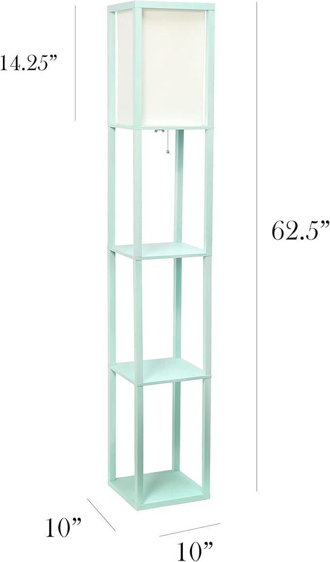 Simple Designs LF1014-AQU-LB Three Shelf Etagere Organizer Storage Floor Lamp with White Linen Shade for Living Room, Bedroom, Office, Hallway, Aqua, with Feit LED Bulb Included
