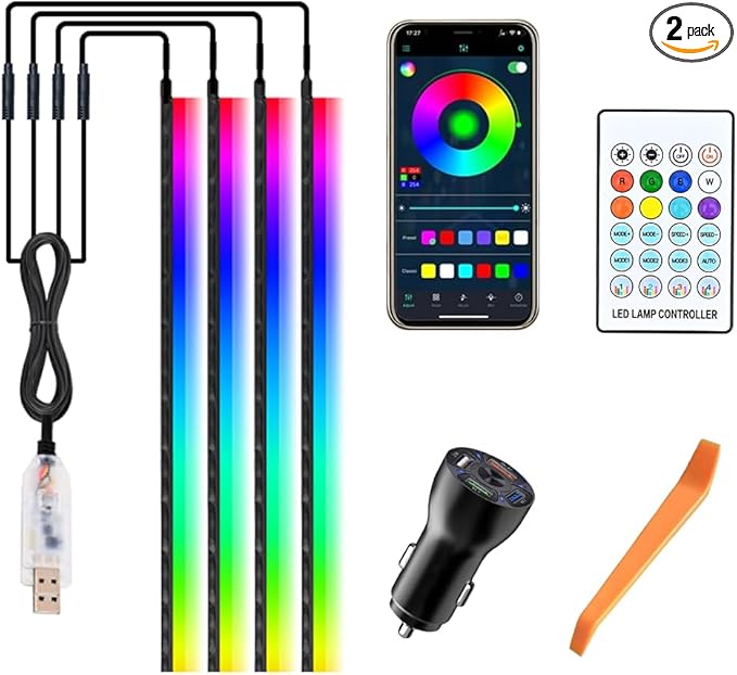 Car SUV Door Frame Ambient Light Lighting, Car Door Ambient Lights LED RGB, Automotive Auto Interior USB Neon Accent Lights Strip Accessories, App Remote Control Music Sync, Acrylic, 4 Pack*11.48ft