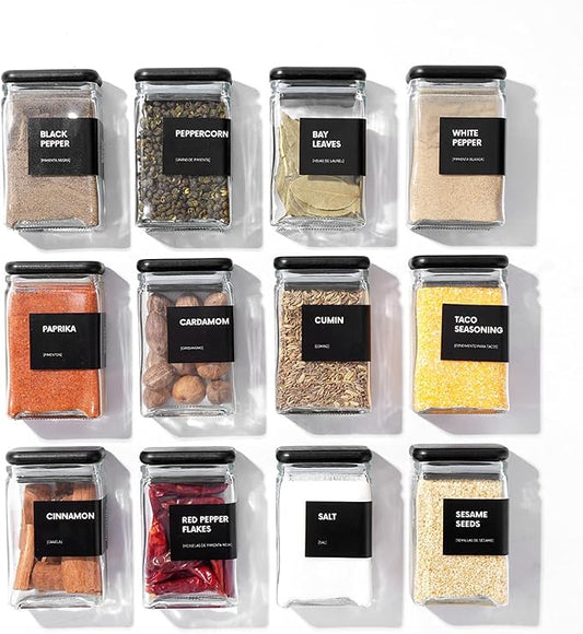 APT 1101 Glass Storage Jars with Bamboo Lid, glass canisters with airtight lids, Clear jars with lids for Spice, Cookie, Candy, Tea, Coffee Bean and Rice (Black, 4oz, set of 12)