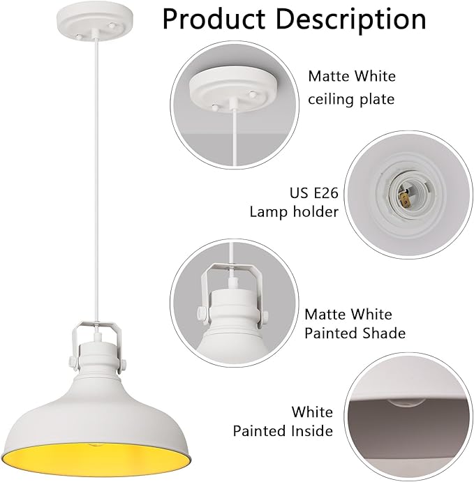 White Farmhouse Pendant Lights Matte Pendant Lighting for Kitchen Island Industrial Adjustable Height Vintage Dome Hanging Light Fixtures for Barn, Dining Room 3 Packs JF2113-P3-W