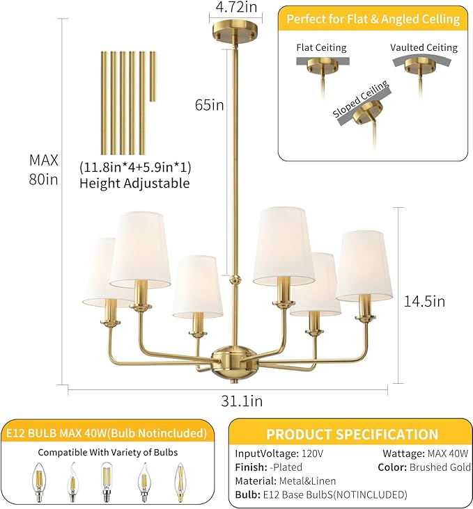 6-Light Brushed Gold Pendant Chandelier with Fabric Shades, E12 Base - Farmhouse & Industrial Style for Kitchen, Living Room, Dining Room, or Bedroom Lighting